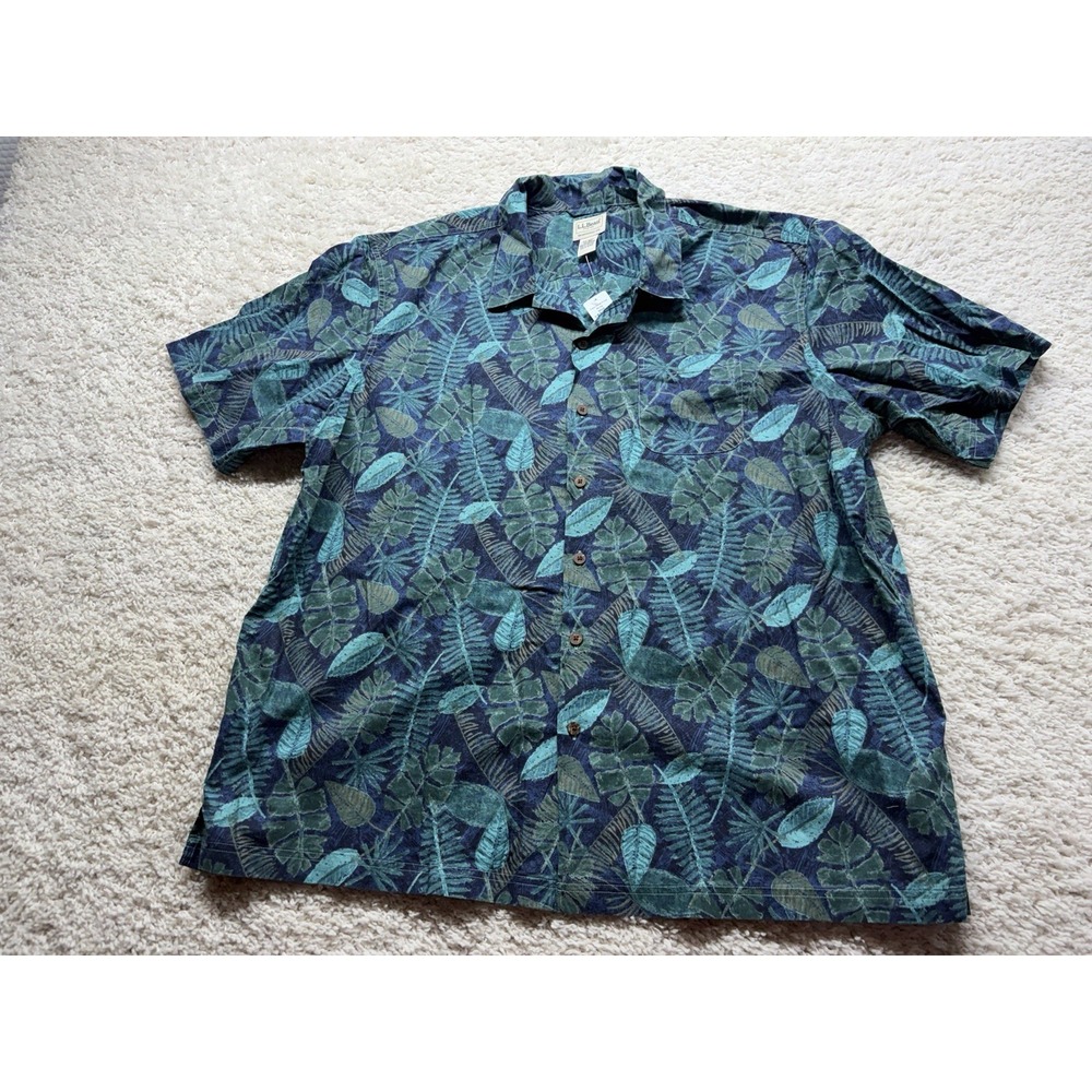 LL Bean Mens Blue Green Tropical Print Button Front Shirt Size 2X NWT